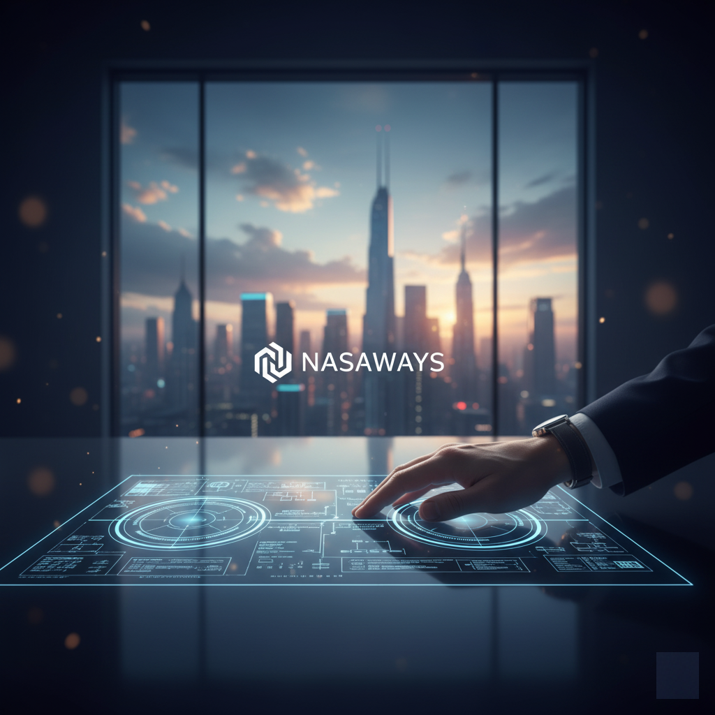 Financial leader interacting with strategic digital blueprint for future wealth building. Modern financial system design.