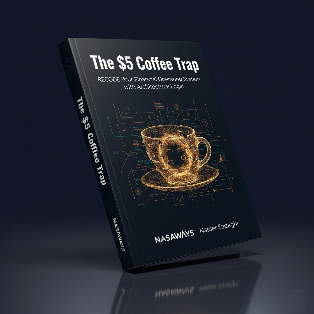 The $5 Coffee Trap book cover by Nasser Sadeghi. Analyzing small daily spending habits and personal financial system leakage.