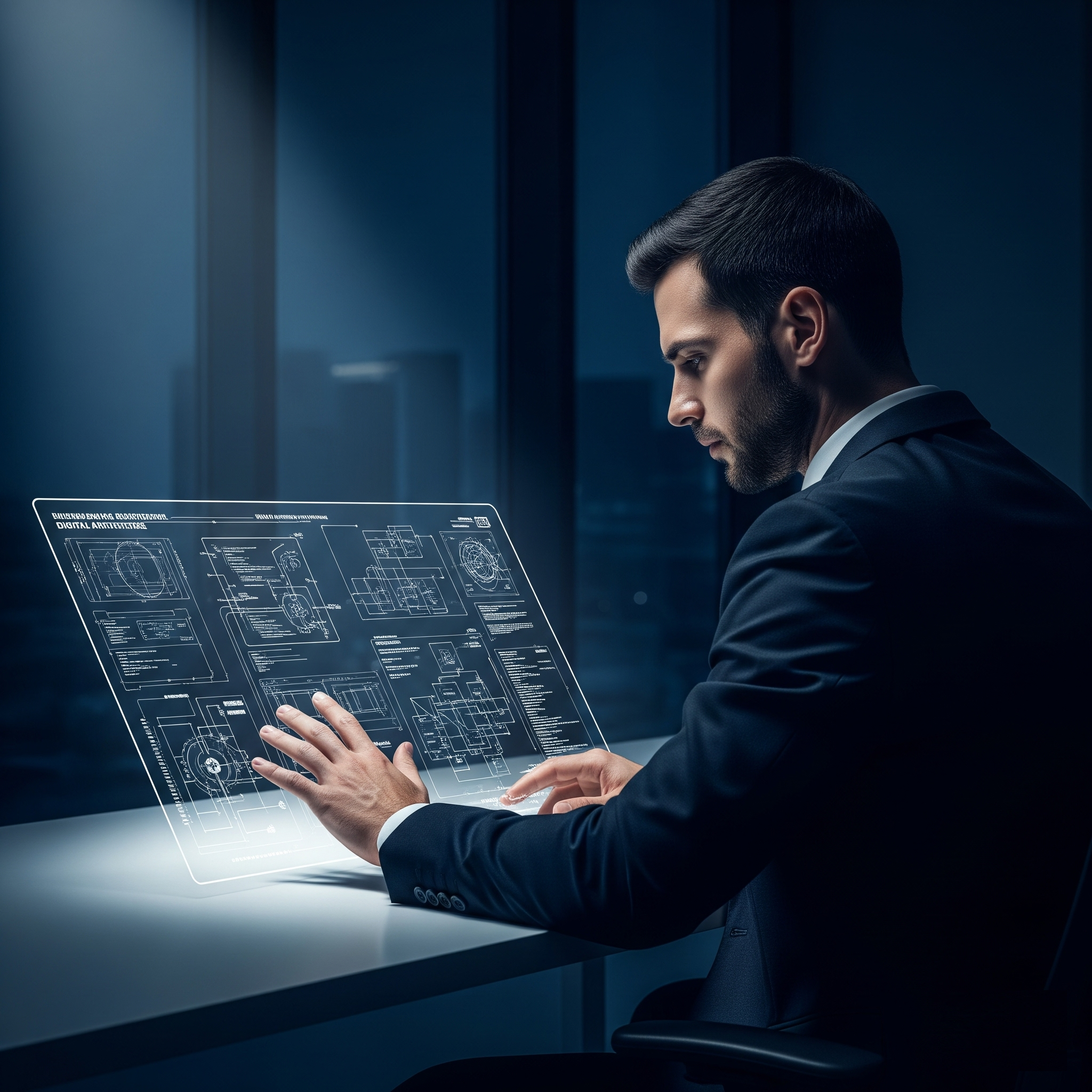 Financial Systems Architect designing a comprehensive anti-fragile wealth blueprint on a holographic interface.