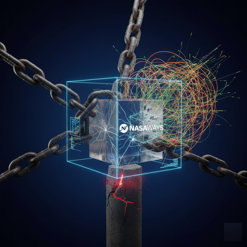 Digital security system breaking through financial constraints. NASAWAYS cube representing proprietary anti-fragile technology and systemic strength.