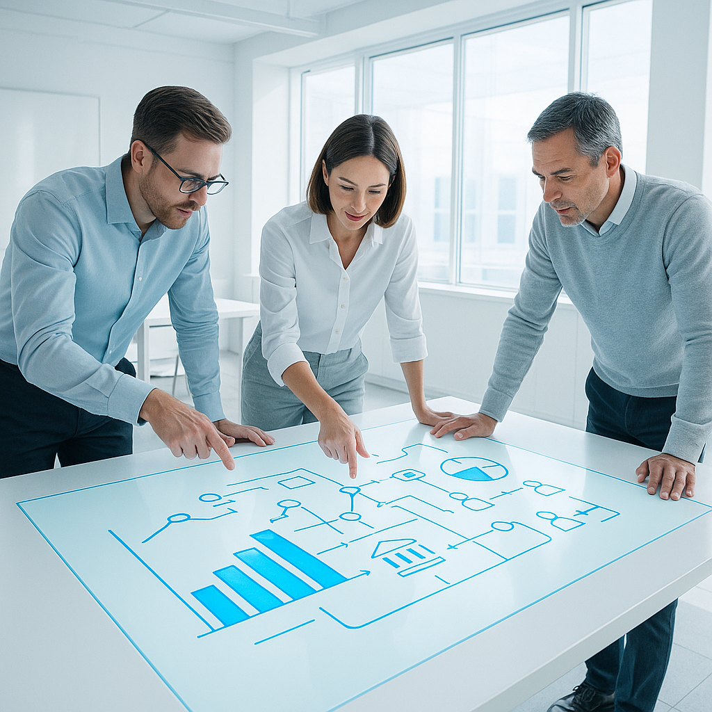 NASAWAYS professionals collaborating on systematic data analysis. Teamwork in strategic financial planning.