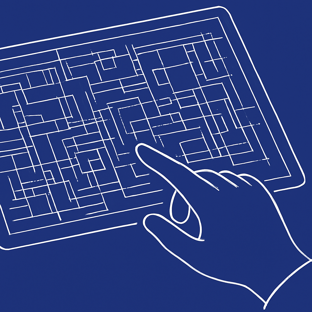 Executing the financial systems blueprint. Hand tapping on tablet to follow the strategic architectural plan for wealth building.