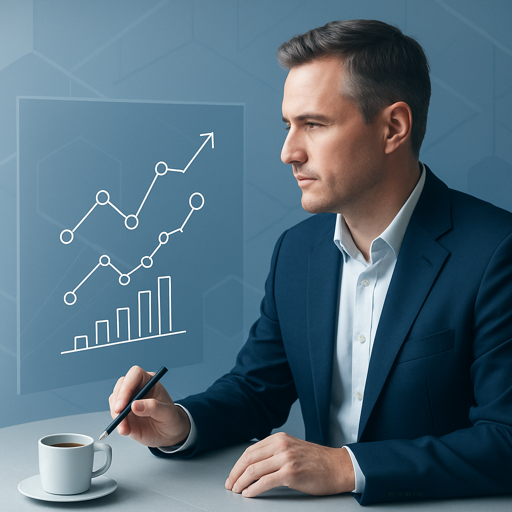 Financial professional analyzing upward trend data on a digital graph. Strategic planning for systematic wealth growth.