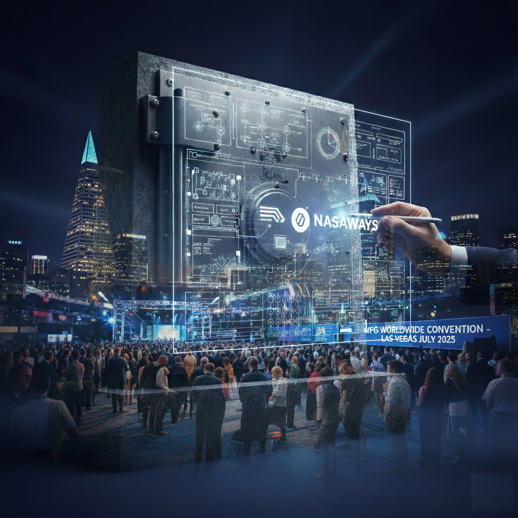 A large crowd gathers at the FGF Worldwide Convention in Las Vegas, July 2025. The nice scene features a futuristic digital overlay of technical diagrams and the text Nasaways, with a city skyline and the iconic Las Vegas skyline in the background.