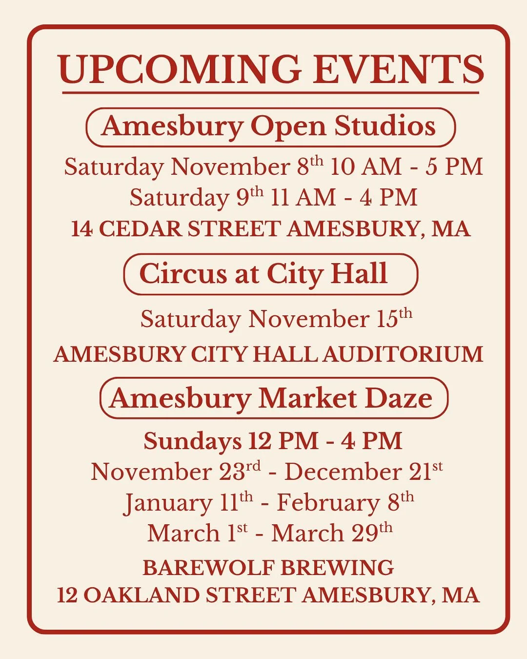 🎃Only 4 weeks left at the Haverhill Farmers Market! Here&rsquo;s where you can find us after!🍁Amesbury Open Studios is an amazing two day opportunity to tour the diverse small businesses and artists Amesbury has to offer.☕️We will also be at the @a
