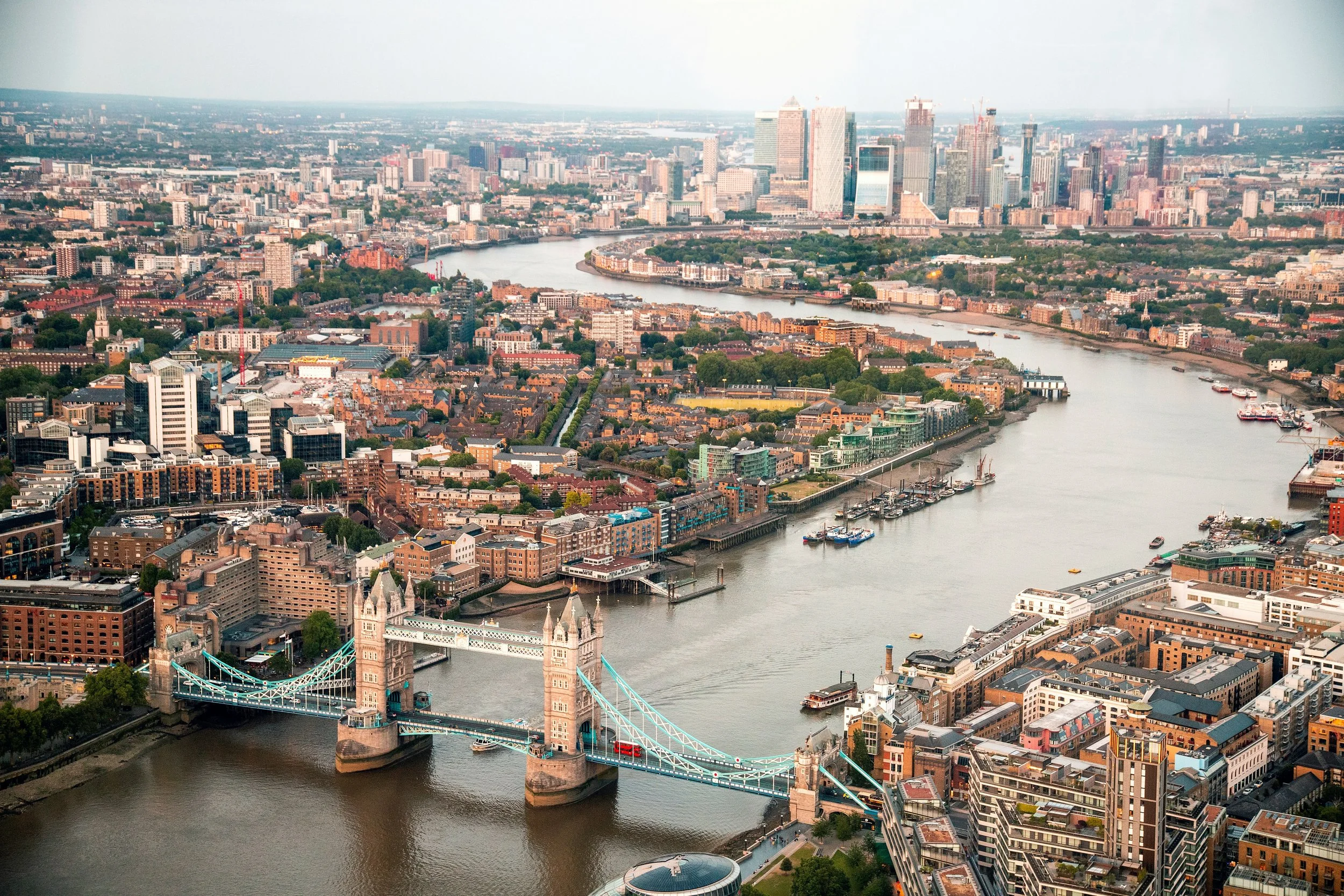 View of the river Thames from above. Tower Bridge in the center