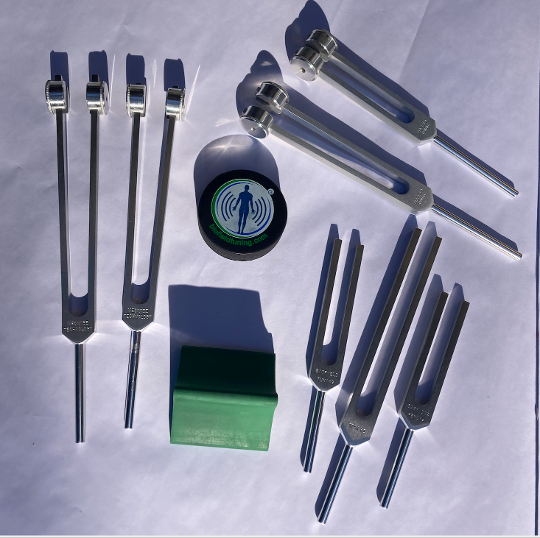 Biofield Tuning tools. Set of tuning forks, a rubber mallet, and a green foam block on a white surface.