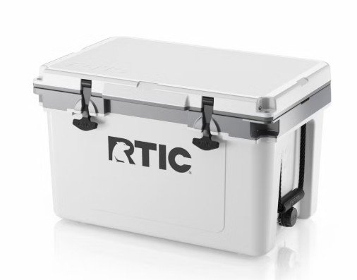 A white portable cooler with the brand name RTC on its side.