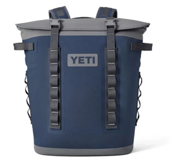 Blue YETI soft cooler with black straps and a gray top opening
