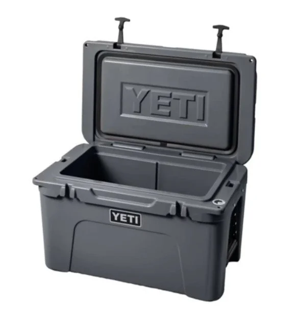 Gray YETI cooler with open lid, showing interior, and the YETI logo on lid and front.