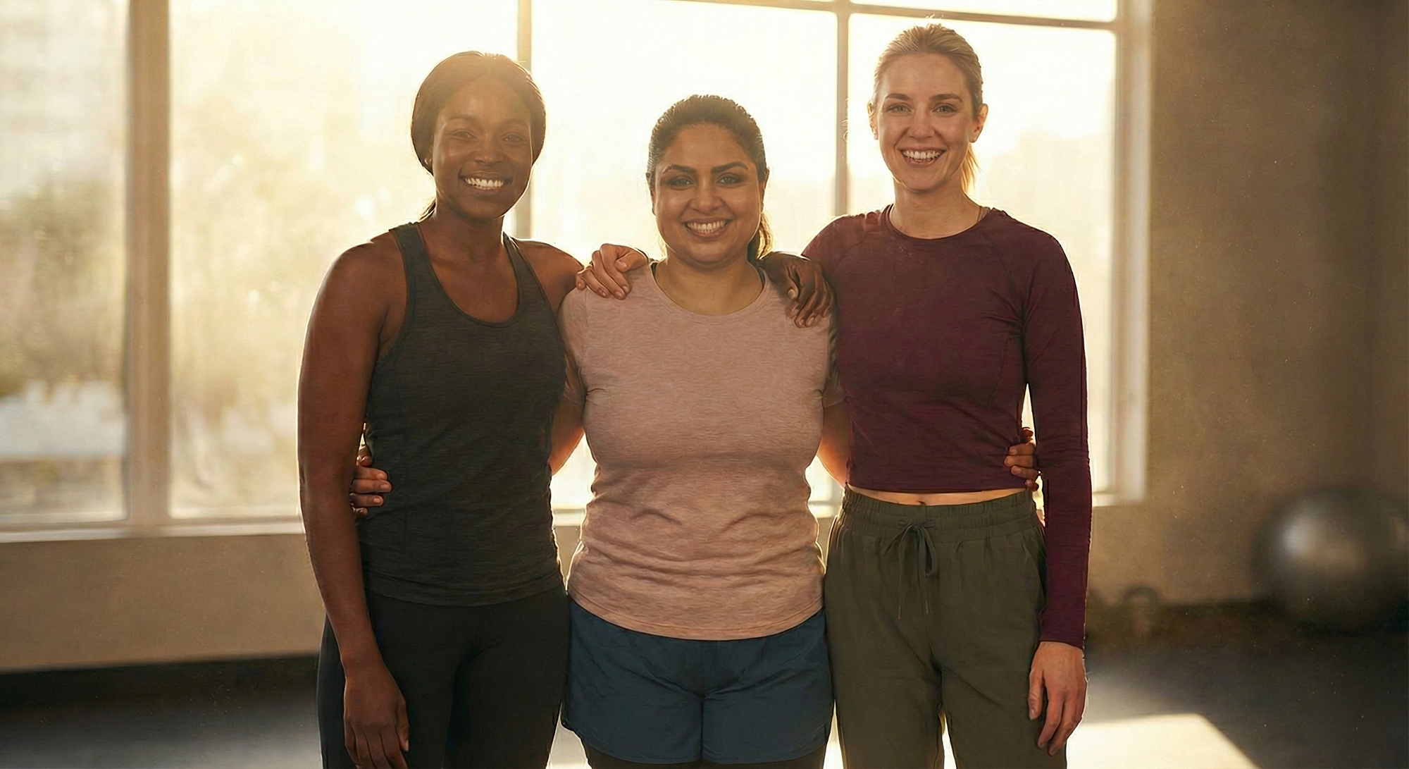 Three women smiling and standing together in a gym, with large windows in the background.