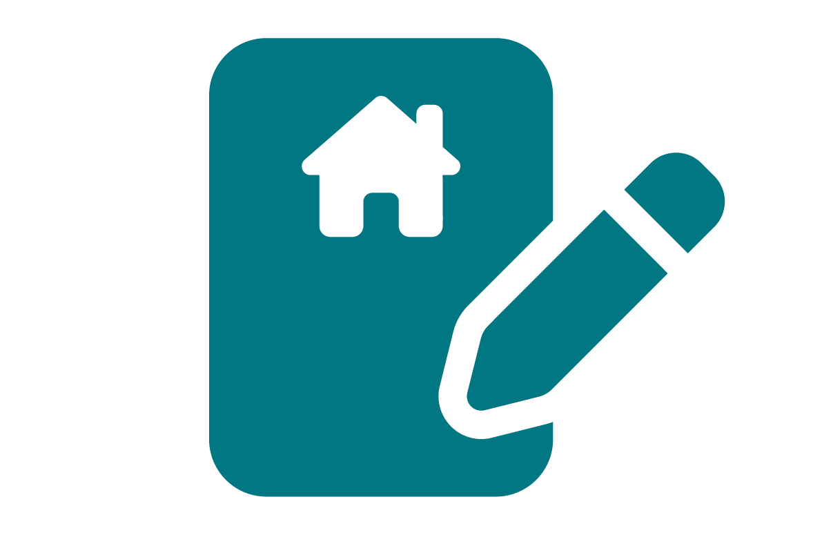 Clipboard icon with a house symbol and a pencil, representing estate planning.