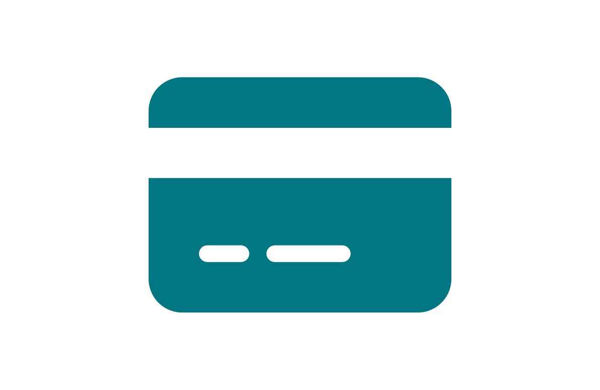 Icon of a credit card with a dark teal top and bottom, and a white stripe in the middle with two white dashes.