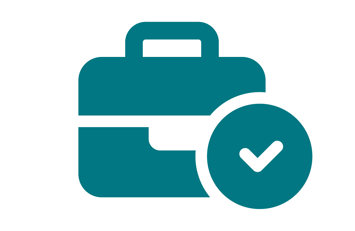 Icon of a briefcase with a checkmark symbol in a circle.