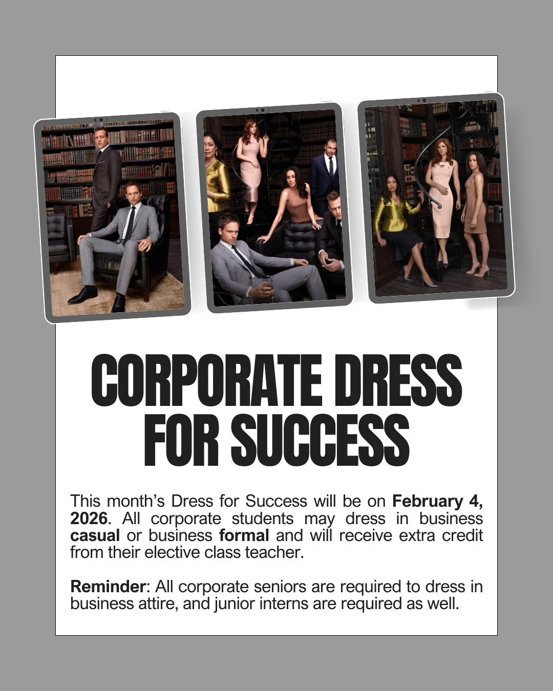 It&rsquo;s that time again. Our monthly Dress for Success! 💼

Come dressed professional and ready to level up.

Dress confidently to meet opportunities and build your success.

#dressforsuccess #confidence