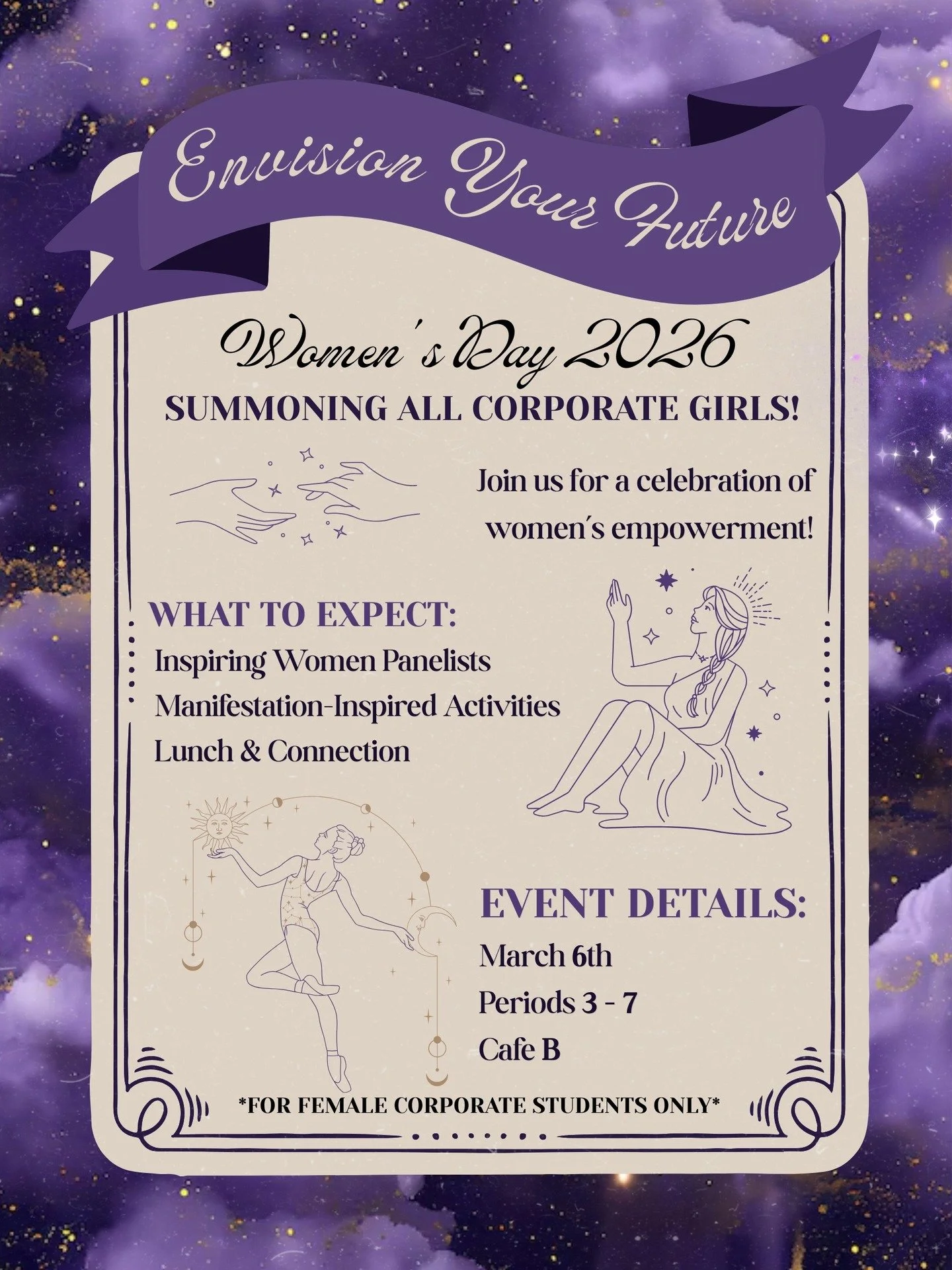 ✨ Women&rsquo;s Day is tomorrow! ✨

All female corporate students, join us at Cafe B during 3rd period for the celebration! 

Don&rsquo;t forget to wear your Women&rsquo;s Day shirt (If you haven&rsquo;t picked one up yet, see Ms. Dragone in S213 bef