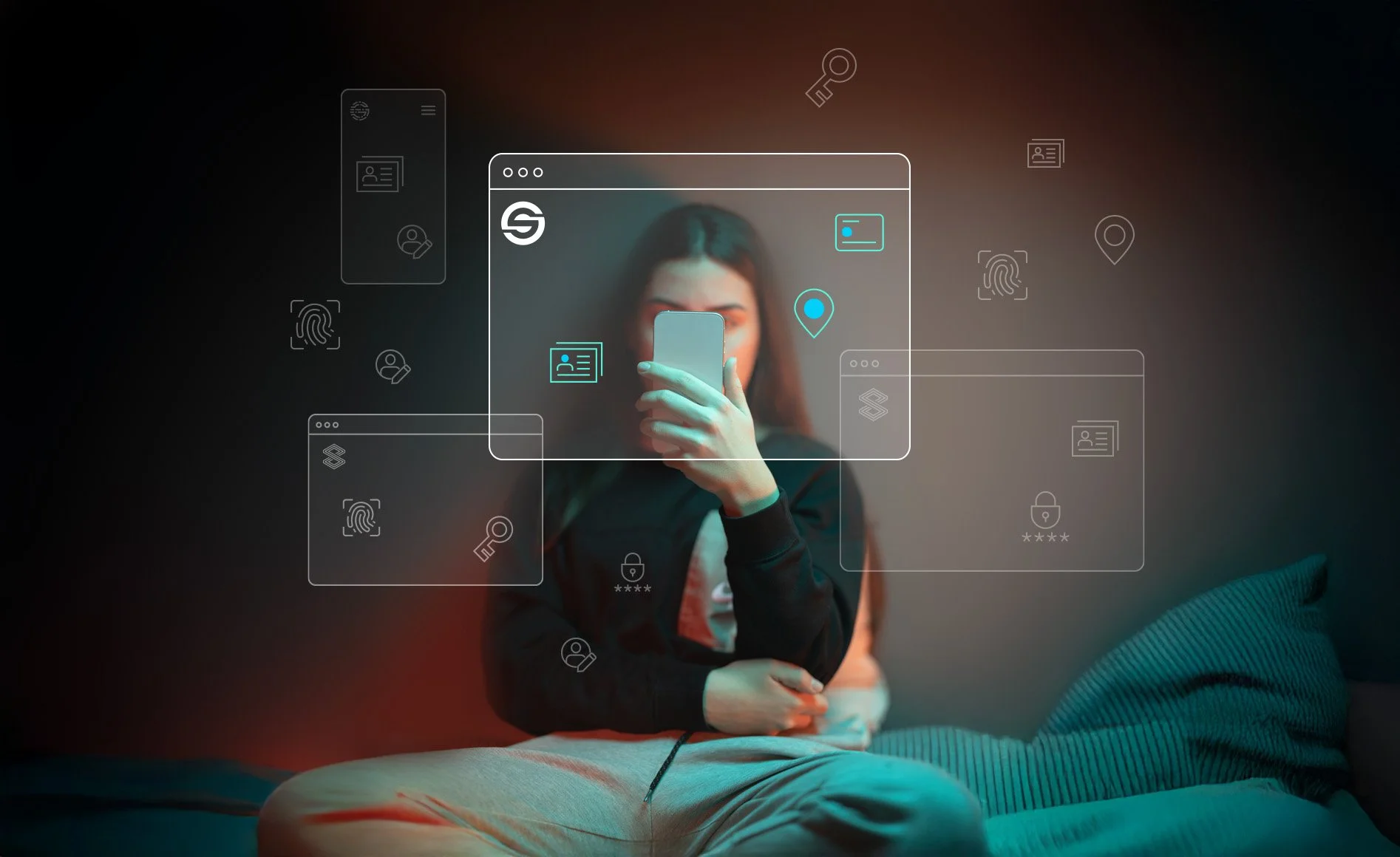 Persona sentada en una cama usando un teléfono móvil con gráficos digitales superpuestos, incluyendo iconos de ubicación, identificación y seguridad.