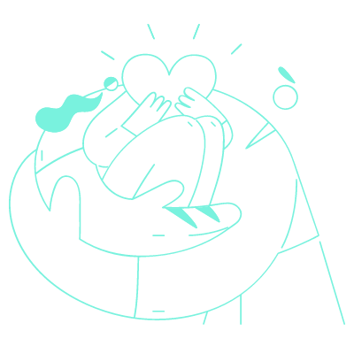Ilustración de una persona abrazando un corazón grande, sostenida por una mano gigante.