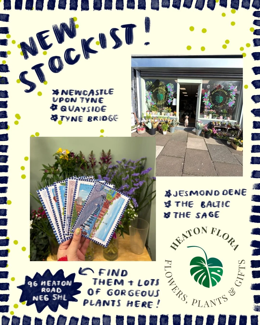 I&rsquo;m now stocked in the most gorgeous flower shop in Heaton! 

I&rsquo;ve got a small selection of my postcards there (some of which are sold out on my shop 👀) 

Get yourself some lovely plants and postcards :)) x