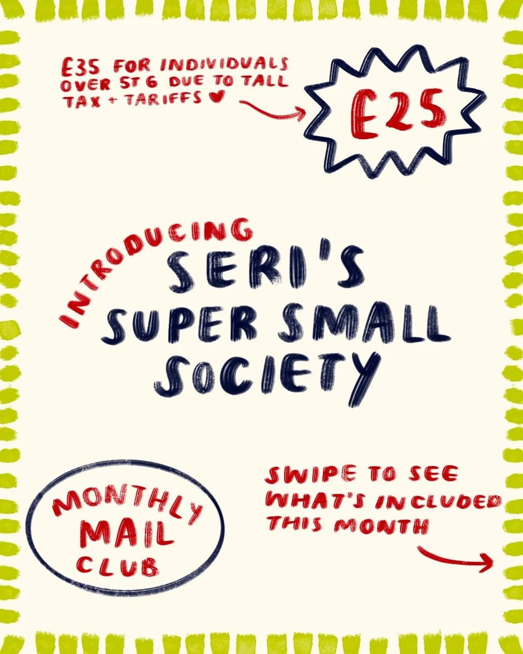 Ahh!!! I&rsquo;ve been planning this for ages 🥹

I&rsquo;ve seen so many mail clubs but no one is catering for my dinky divas! 
Each month will have a letter, two stickers and three prints - all for &pound;25! (Not including shipping)

I tried to ma