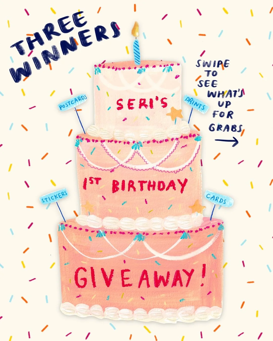 How has it been almost a year of Seri Studios 🥹 I will keep my emotions for the actual birthday (8th June) but for now it&rsquo;s ✨GIVEAWAY TIME✨

PRIZES:
1st Place: 6x Postcards + 1x A4 Print + 2x Sticker Sets + 3 A5 Cards
2nd Place: 4x Postcards +