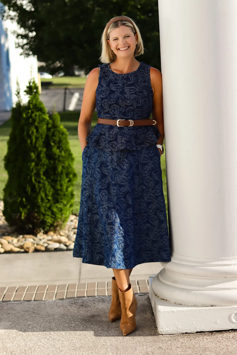 Denim peplum top with midi denim skirt