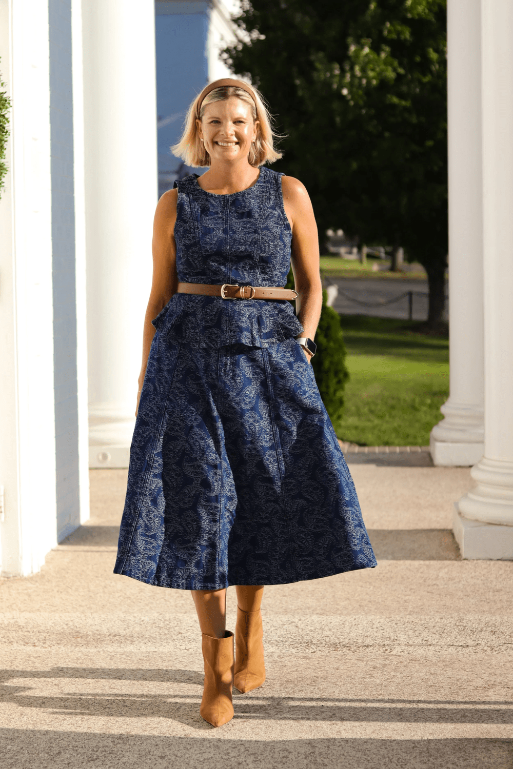 Denim top and midi skirt outfit