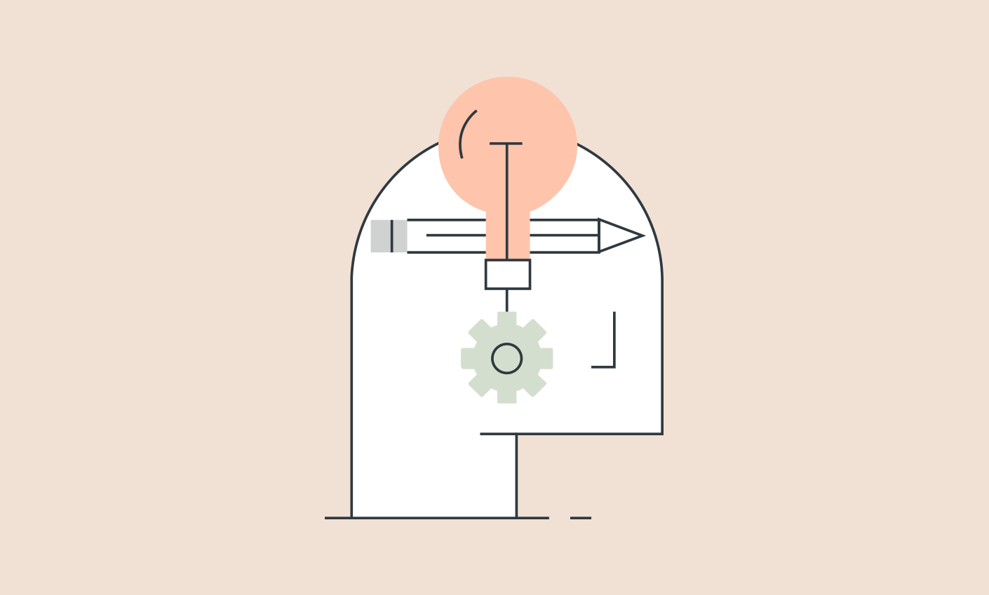 Abstract illustration of a head with a light bulb, pencil, and gear, symbolizing creativity and thinking.