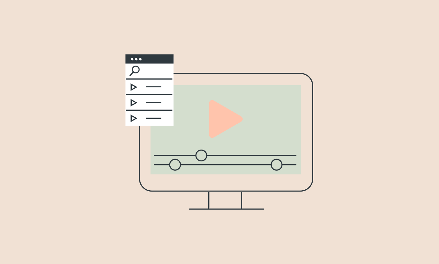 Illustration of a computer monitor displaying a video player interface with a large play button and a floating playlist menu on the side.