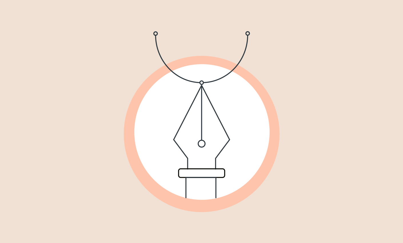 Illustration of a pen nib with a Bézier curve in a peach circle on a beige background.