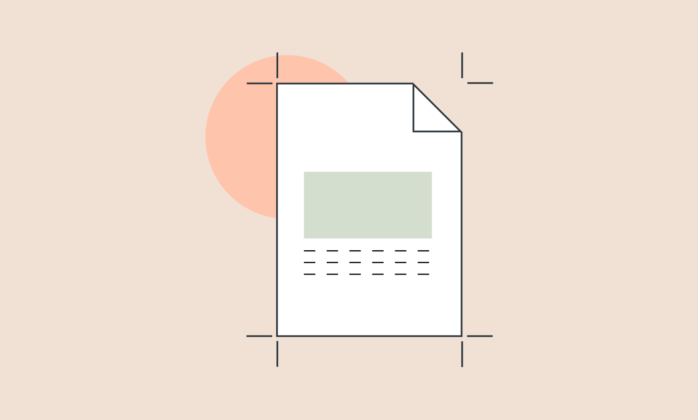 Illustration of a document icon with a peach circle in the background on a beige surface.