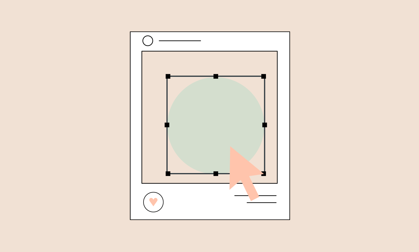 Illustration of a digital design interface with a green circle being resized, a pink cursor arrow, and social media elements like a heart icon.
