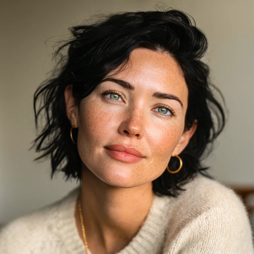 A portrait of a QuantumBFF client archetype who has gained profound clarity. Her direct, intelligent gaze and calm expression represent the wisdom and focus achieved by releasing old patterns.