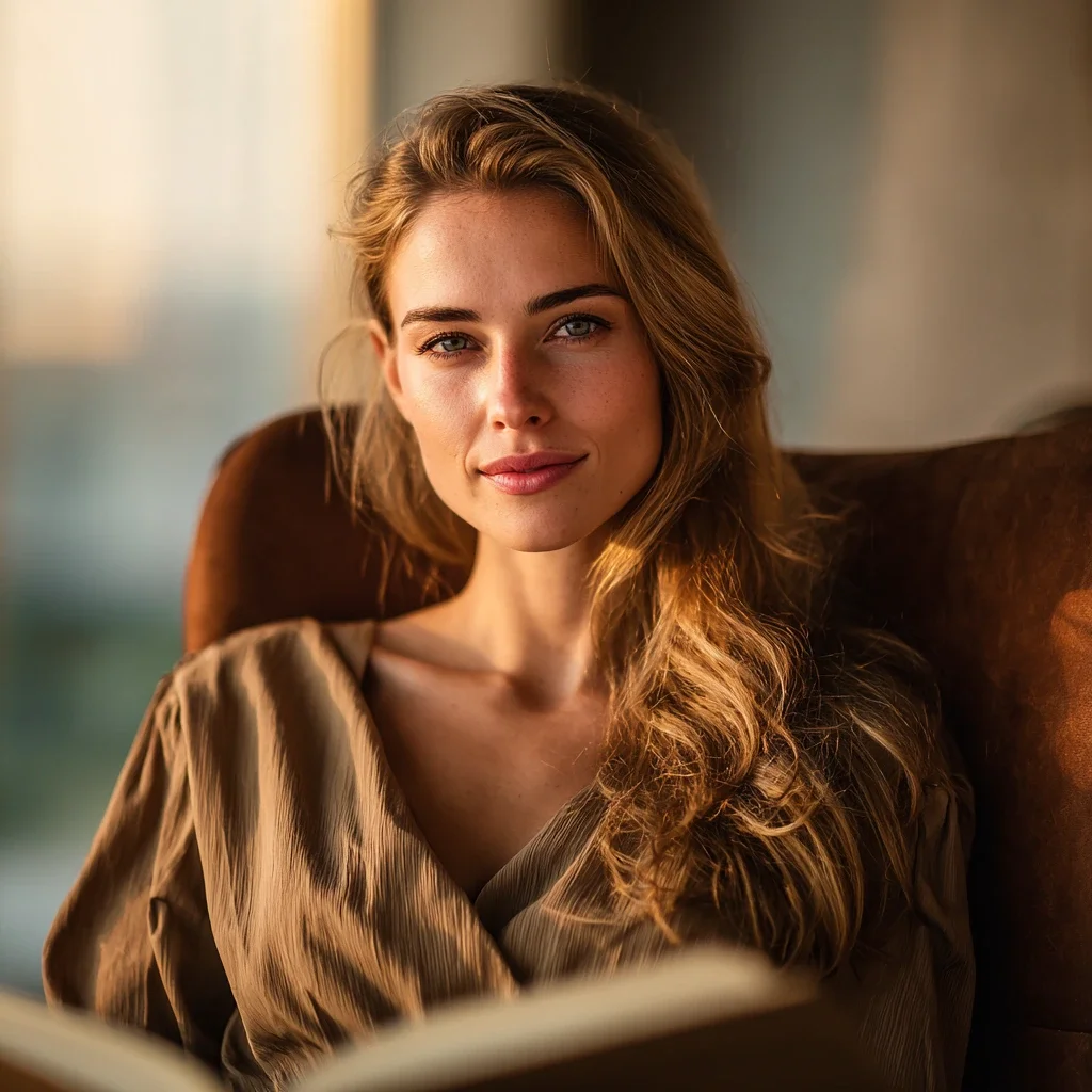 A portrait of a woman representing a QuantumBFF client who has found serene confidence. Her calm, knowing gaze symbolizes the inner peace and self-acceptance that comes from the 'unbecoming' process.