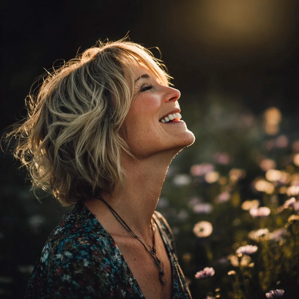 An image of a joyful woman with her face turned to the sun, embodying the feeling of freedom and lightness. This represents a QuantumBFF client who has let go of control and is experiencing the pure joy of living.