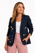 Navy Denim Blazer with Vibrant Appliques Designed By Nancy Yang NEW YORK