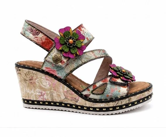 Laura Vita-French Floral Elegance Wedge Sandals
