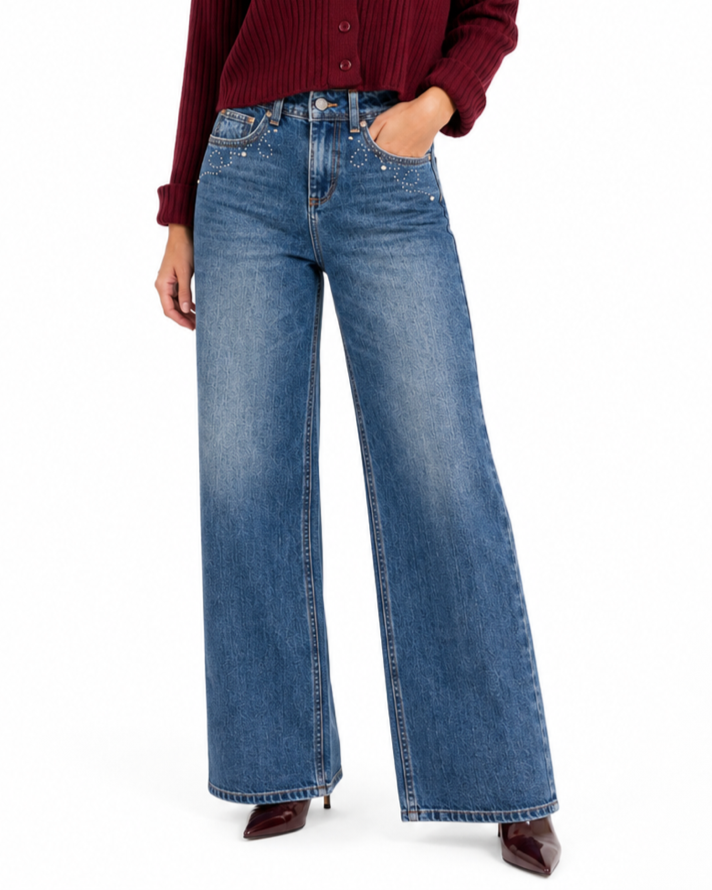 Esqualo-Rhinestone Embellished Wide-Leg Jeans