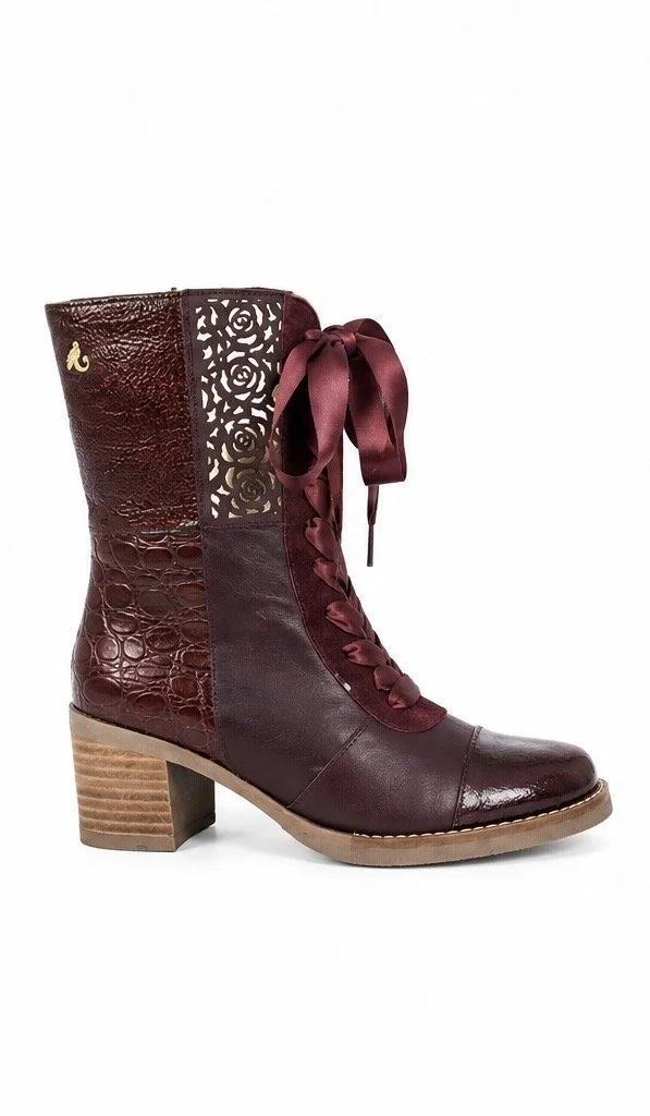 Glamille-Spanish Artisan Leather Ribbon Lace Boots w/side zip