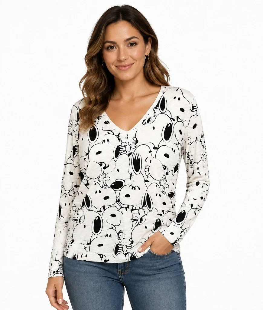 Ness-Snoopy Print V-Neck Long Sleeve Top