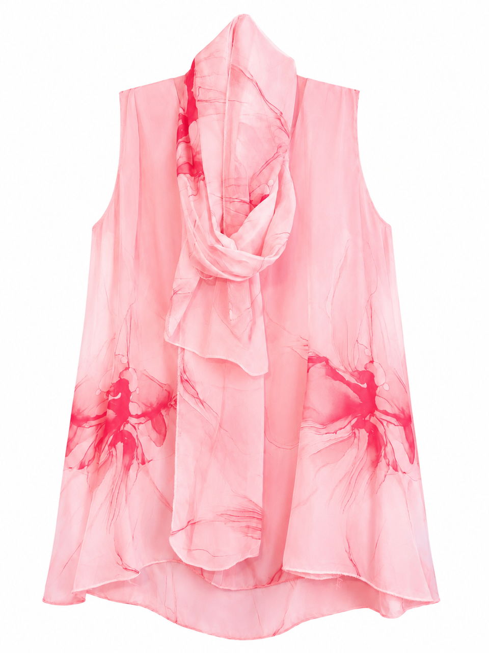 Silk Elegant Pink Floral Sleeveless Tunic Top w/Scarf, Made in Italy