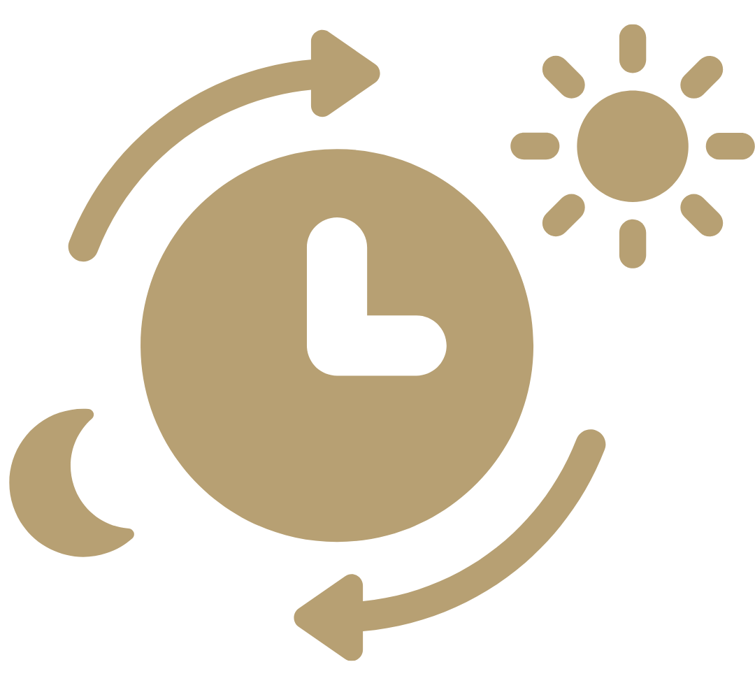 Day and night cycle icon with clock, sun, and moon