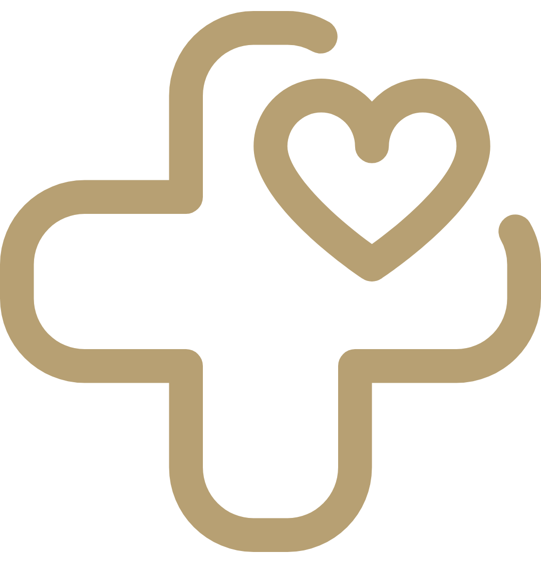 Outline of a medical cross with a heart shape inside, colored in gold.