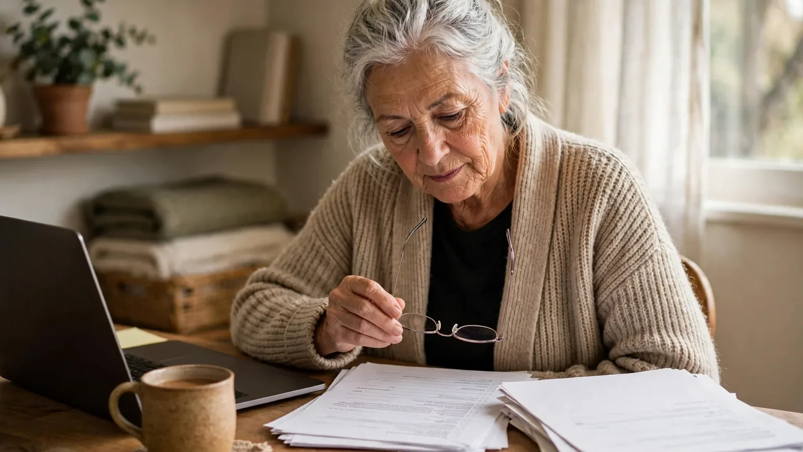 Senior reviewing Medicare paperwork at home during open enrollment