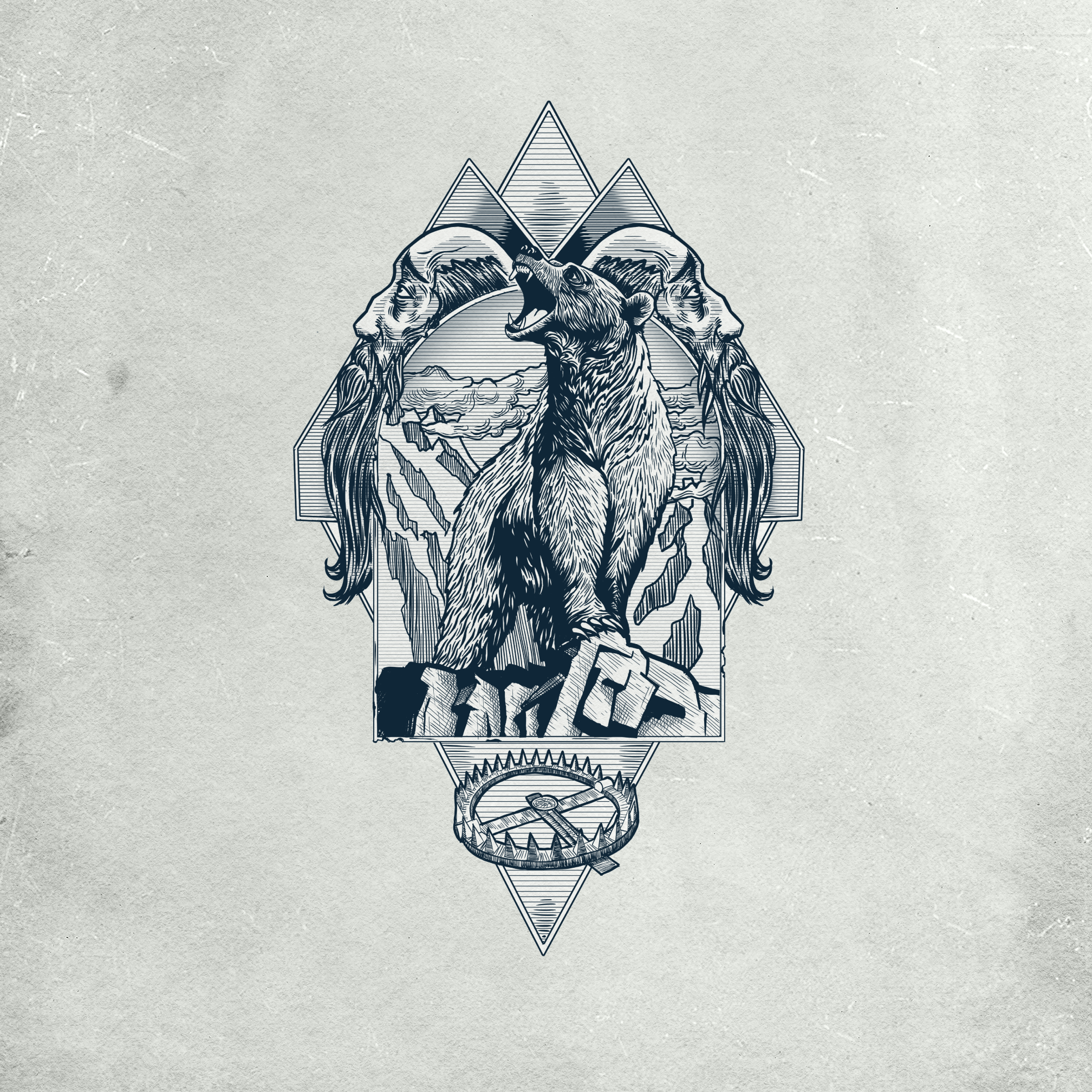Digital Illustration composition in engraving style with geometrical art