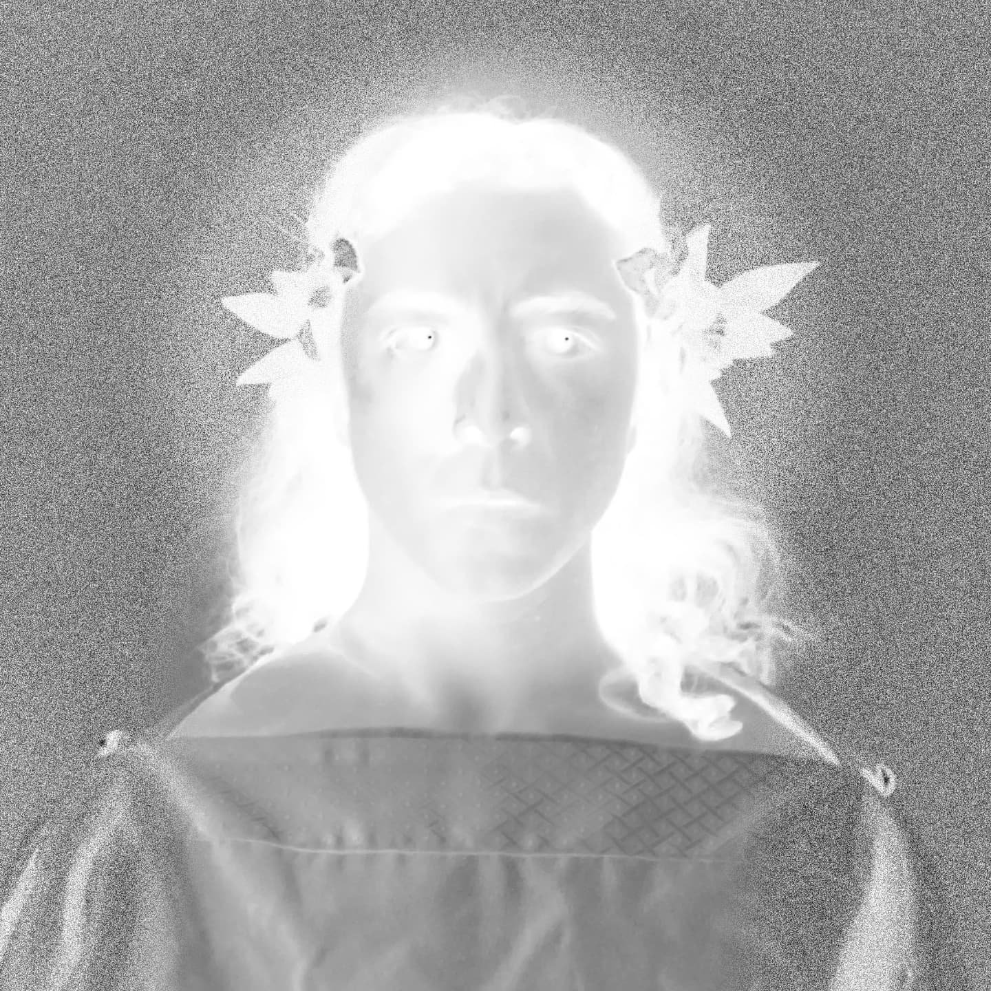 A negative image of a person with floral hair accessories, wearing a patterned outfit.