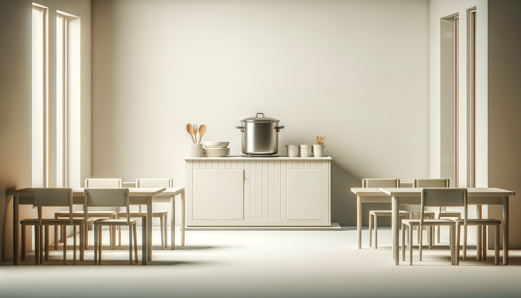Minimalist dining room with tables, chairs, and a sideboard featuring a large pot and crockery, flanked by narrow windows.