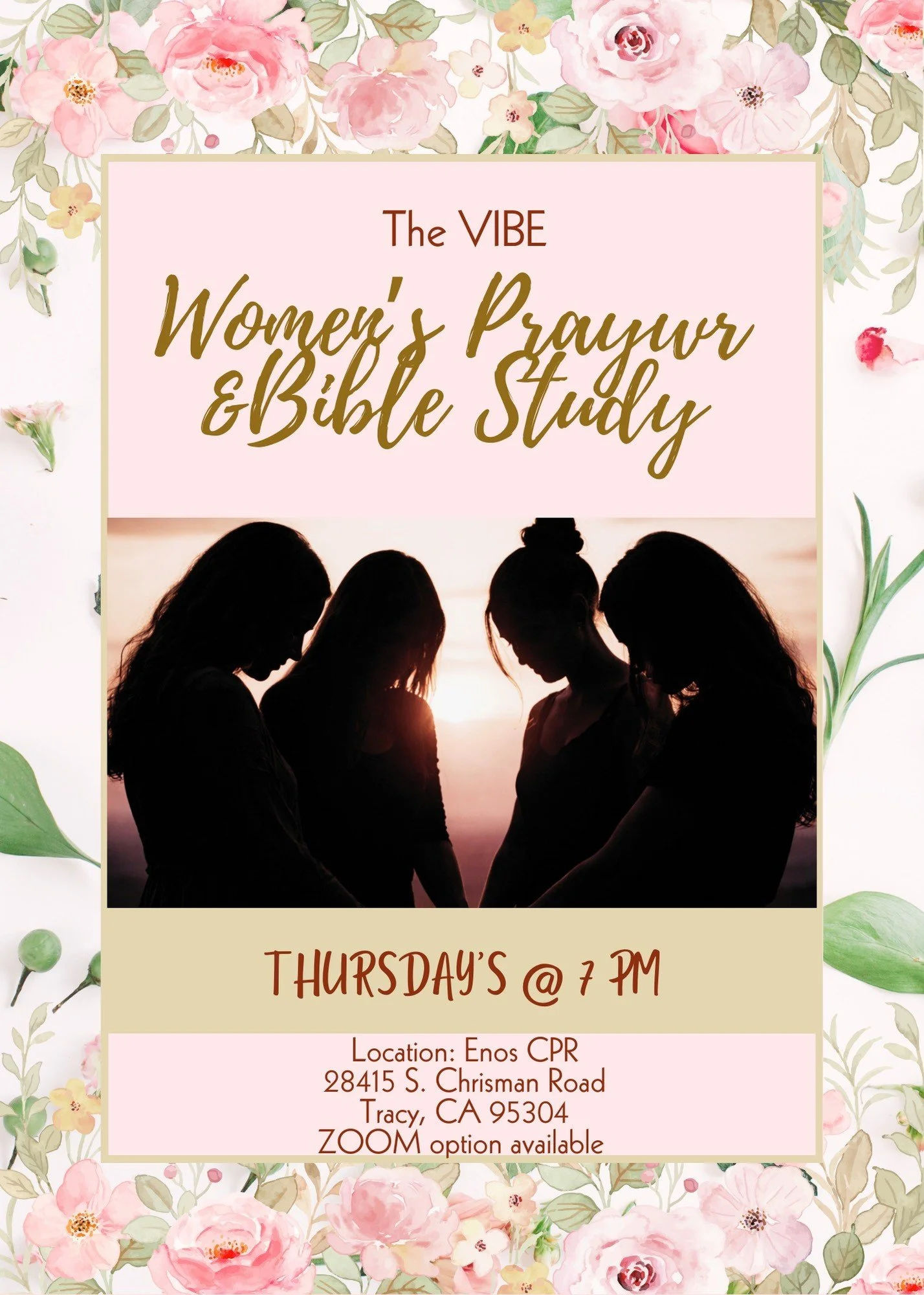 Flyer for Women's Prayer and Bible Study event with floral border, featuring silhouettes of four women praying at sunset, details about location, date, and online option