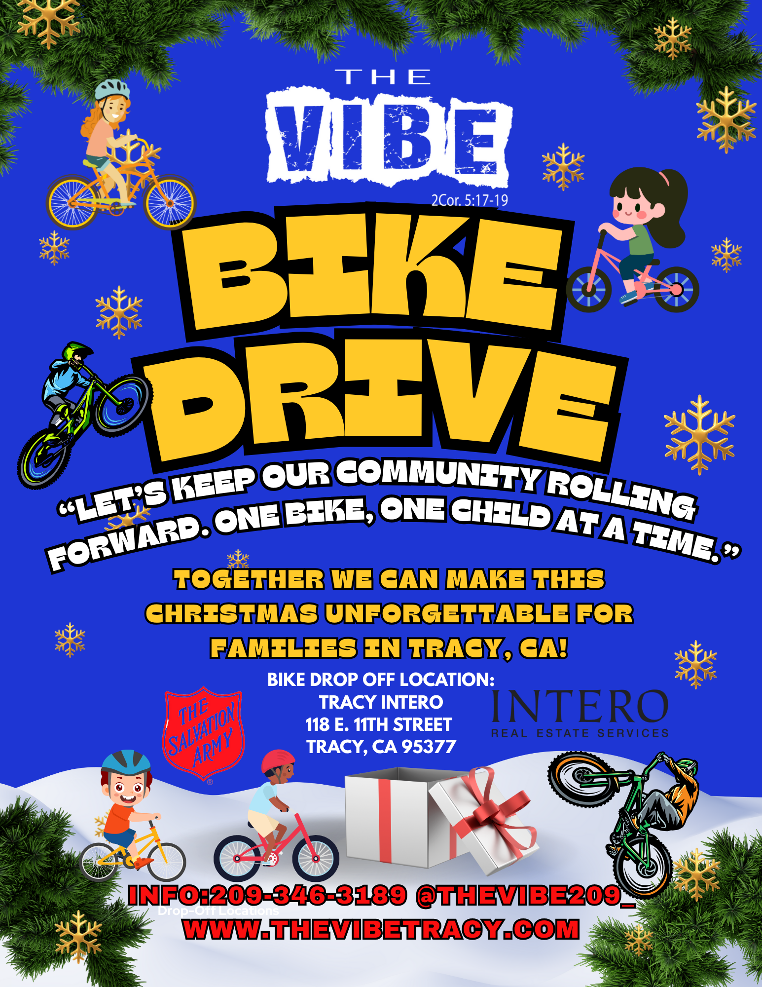 A festive holiday flyer promoting a bike drive event in Tracy, California. The flyer features children riding bikes, snowflakes, and Christmas decorations, with text about keeping the community rolling and collecting bikes for families in need.