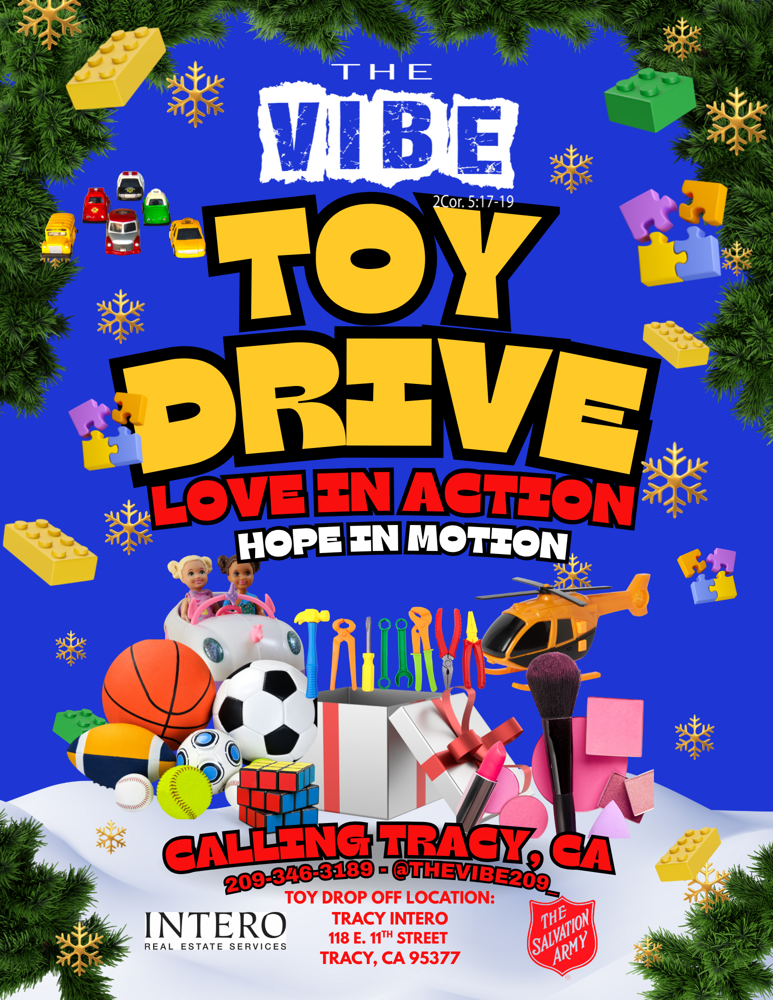 Colorful flyer advertising a toy drive organized by The VIBE, featuring toys, sports equipment, and toys, with pine branches and snowflakes along the borders, and text providing contact and drop-off information in Tracy, California.
